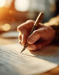 Close-up of a person's hand writing with a pen on a textured in a well-lit environment