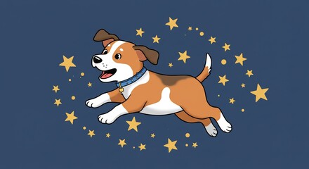 Joyful puppy leaps playfully amidst glowing stars; charming cartoon illustration. AI Generated