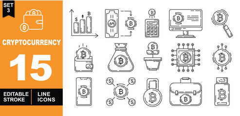 Cryptocurrency line icon set. Vector pictograms of wallet, chart, exchange, calculator, monitor, search, bag, plant, chip, coin, phone, network, lock, briefcase, bottle. Editable stroke. Vector 