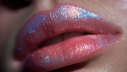 Close-up of a person's lips with glossy pink lipstick and subtle skin texture