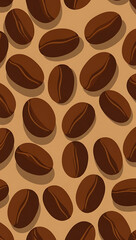 Obraz premium Seamless Pattern of Roasted Coffee Beans Scattered Across a Warm Brown Background with Subtle Shadows