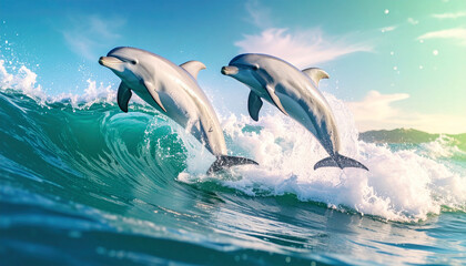 Fototapeta premium Dolphin Duo's Oceanic Dance: Two dolphins leap gracefully from a turquoise wave under a sunny, cloud-speckled sky, celebrating freedom and the ocean's limitless spirit.