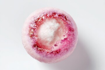 Close-up of a pink and white ring-shaped object with textured on white background