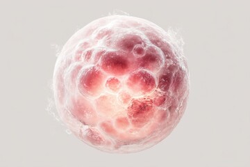 Close-up of a pink and white spherical biological cell with textured and internal structures
