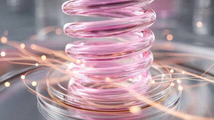 Close-up of a pink coil spring with sparkles and reflections on a shiny