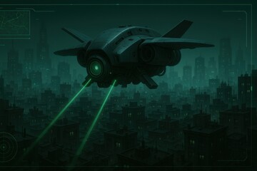 Obraz premium Futuristic cityscape surveillance with a stealth aircraft scanning urban landscape at night