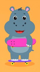 Fototapeta premium Cute hippopotamus skateboarding