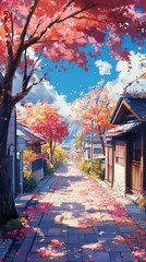 Autumnal Japanese town street with vibrant foliage