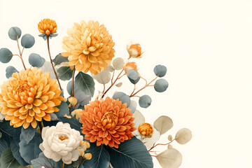 Obraz premium Autumn floral corner border with dahlia, rose and eucalyptus leaves. Fall frame, banner, background. Burnt orange flowers, yellow, terracotta foliage. Watercolor illustration. Rustic wedding