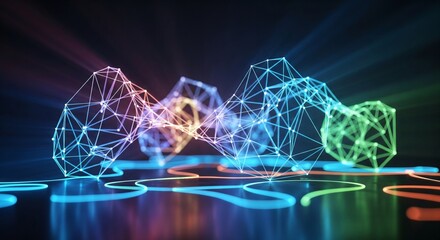 Futuristic visualization of complex data and neural network connections in a glowing abstract structure