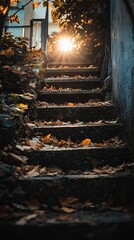 Autumnal stairs leading upward to sunlight
