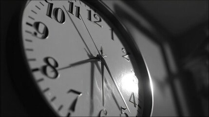Round clock face, hands pointing to 1012, with shallow depth of field