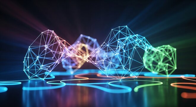 Futuristic visualization of complex data and neural network connections in a glowing abstract structure