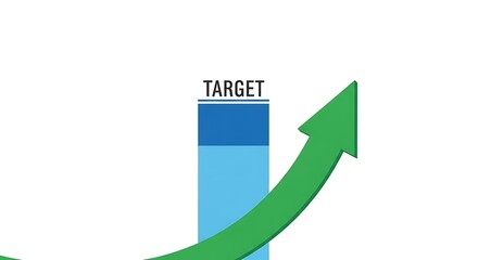 A green arrow curves upwards past a bar chart, indicating growth and progress towards a target.