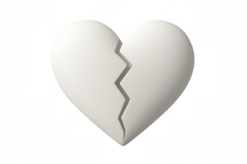 White broken heart splitting into two pieces on a transparent background, symbolizing heartbreak and separation