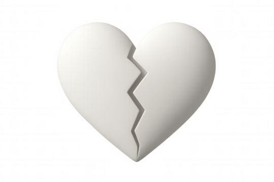 White broken heart splitting into two pieces on a transparent background, symbolizing heartbreak and separation