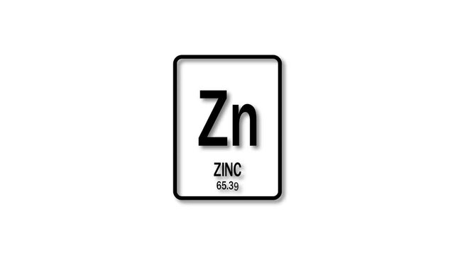 zinc as Element 30 of the Periodic Table.  Design shows name, atomic weight and element number. black background 4k animation.