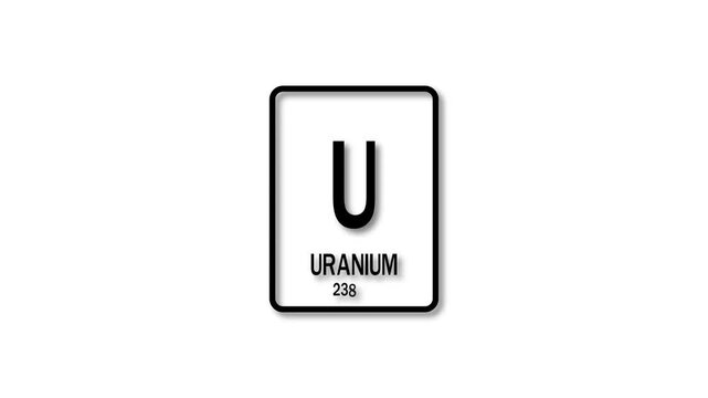 uranium as Element 92 of the Periodic Table.  Design shows name, atomic weight and element number. black background 4k animation.