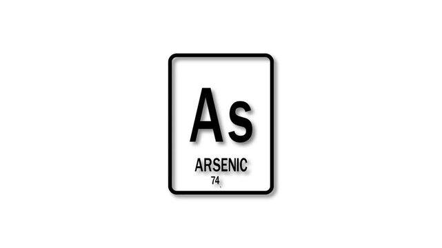 arsenic  as Element 33 of the Periodic Table.  Design shows name, atomic weight and element number. black background 4k animation.
