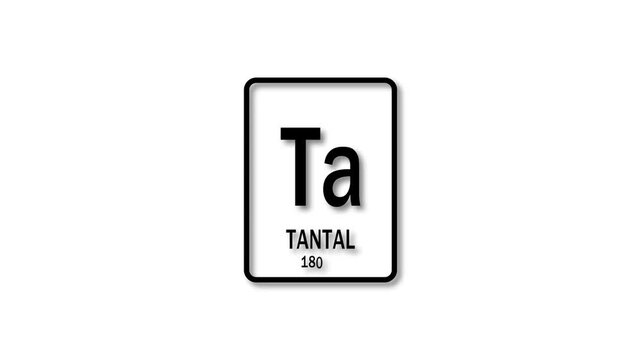 tantal as Element 73 of the Periodic Table.  Design shows name, atomic weight and element number. black background 4k animation.