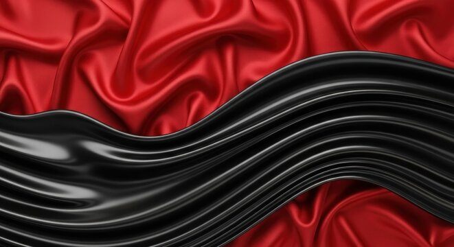 Elegant red silk fabric with a flowing black satin ribbon for luxurious designs and backgrounds that evoke sophistication and high fashion appeal