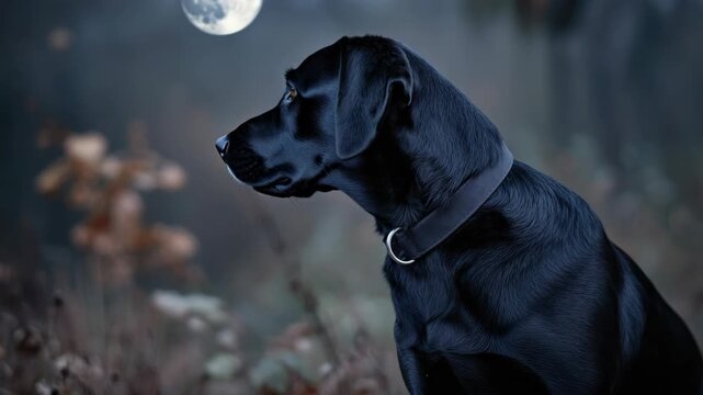 Black Labrador Retriever staring at the moon in a forest during dusk.