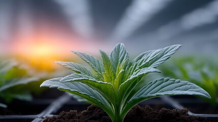 Young cannabis plant with frost on leaves soft sunrise light in background
