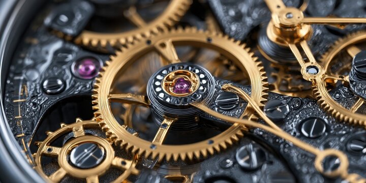 Close-up of intricate mechanical gears and cogs in a detailed watch mechanism