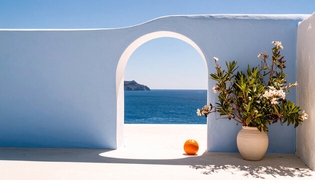 Mediterranean Vista: An artistic view of a vibrant Mediterranean scene. The image captures the essence of serene seaside living. A bright azure sky complements the view through an archway.