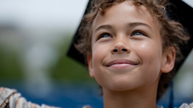 Joyful young child wearing a graduation cap looking upwards with a bright smile