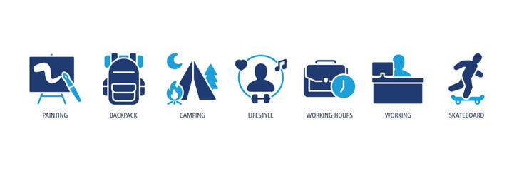 Creative & Lifestyle Activities Glyph Dual tone Icons Web Banner – painting, backpack, camping, lifestyle, working hours, working, skateboard © ali