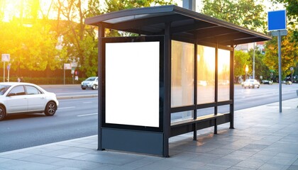 Obraz premium Golden Sunset Glow on a City Bus Stop with a Blank Advertisement Mockup.