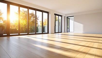 Obraz premium Empty modern room with large windows, sunlight streaming in