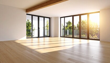 Sun-drenched, empty room with large windows