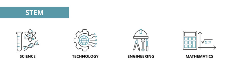 STEM icon set in dual color outline style with science, technology, engineering, and mathematics