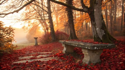 An old rustic stone bench sits quietly in a forest clearing, blanketed by a sea of crimson autumn leaves, their fiery tones glowing under the golden afternoon sun. Tall trees arch overhead, branches s