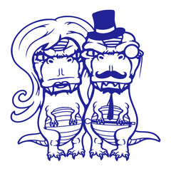 2 T-Rex Woman Sir Gentleman rich Monocle Couple Top Hat