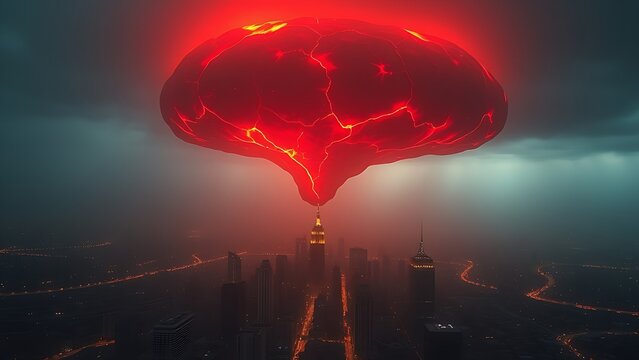 Glowing red continent floating over a city, with luminous tectonic cracks spreading ominously.