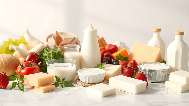 Fresh dairy products neatly arranged on a clean surface, bathed in soft natural light.