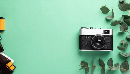 Vintage camera on mint green background with film