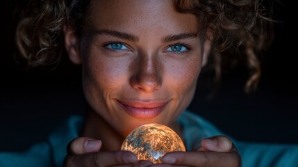 Naklejka premium Woman with curly hair smiling while holding a glowing sphere Female Light