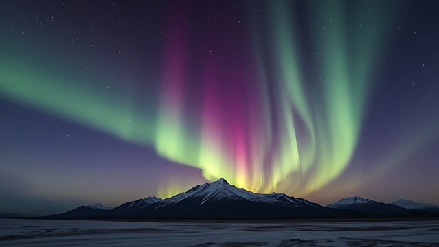 A majestic landscape under a starry night sky with flowing curtains of green and purple aurora over a mountain range.