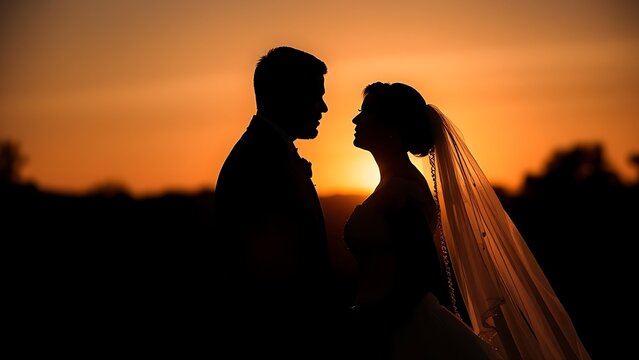 Bride and groom silhouetted against a sunset, capturing a romantic wedding moment.