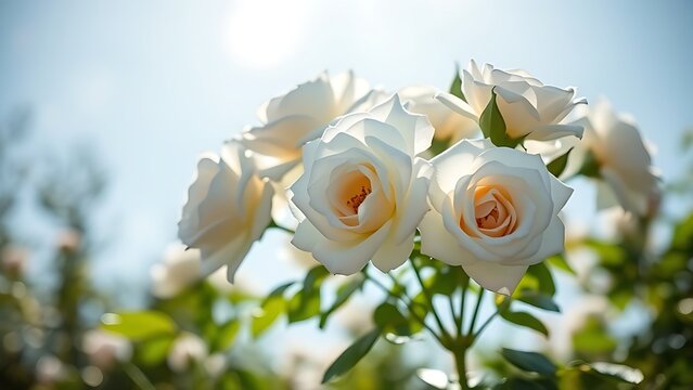 White roses in full bloom against a soft blue sky, sunlight creating a natural bokeh effect around them.