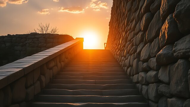 Sunlit stone staircase leading toward a bright horizon, evoking a journey with atmospheric golden hour glow.