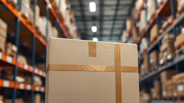 Sealed cardboard box on a warehouse shelf with industrial lighting, representing a logistics environment.