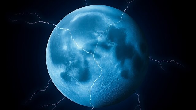 The lunar surface with pulsing electric veins across craters under an indigo sky.