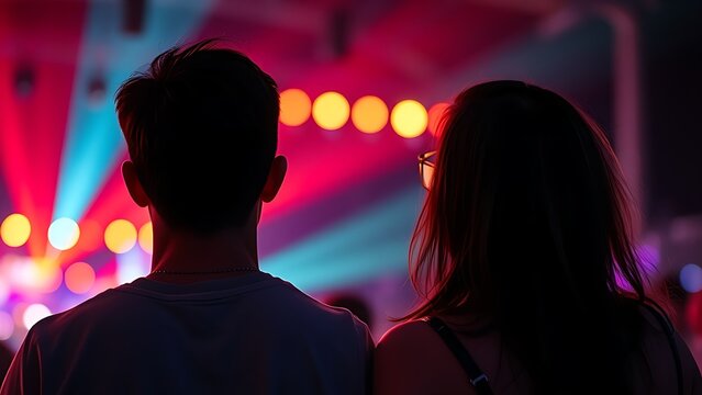 Two festival attendees enjoying music with colorful lights and a soft ambient glow around them.