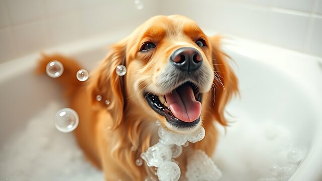 Golden retriever playing with soap bubbles in a bathtub, capturing joyful pet moments.