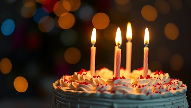 An elegant birthday cake with glowing candles, radiating warmth in a festive close-up.